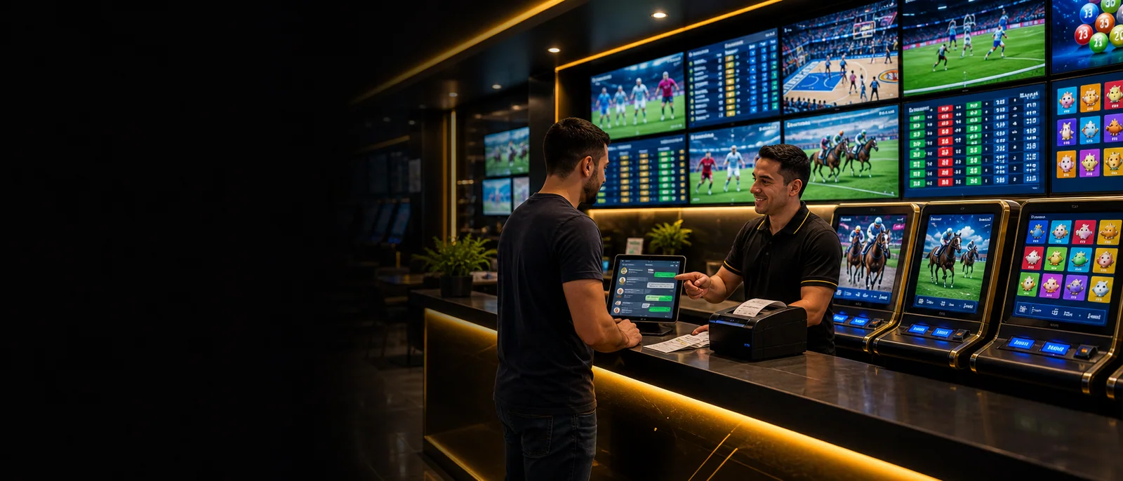 Operador Regal23 presentando soluciones de apuestas en un punto comercial